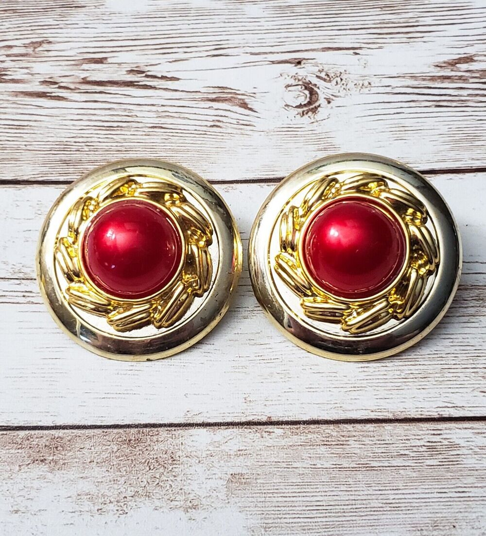 Vintage Clip On Earrings Large Statement Earrings Red & Gold Tone 3D